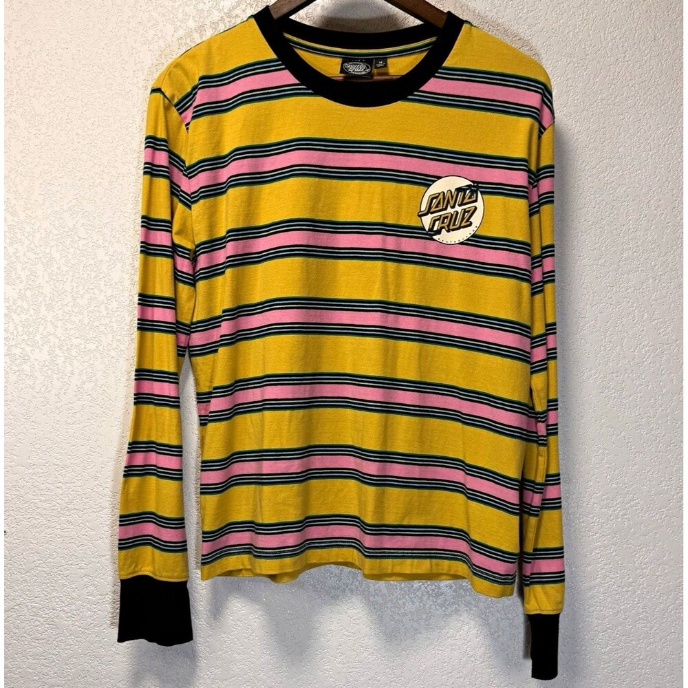 Santa Cruz Mens M Striped Long Sleeve T Shirt Yellow Pink Green Skateboard Logo